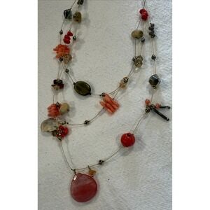 Layered Beaded Necklace Multi Strand Coral Red Stone Chip‎ Statement Jewelry